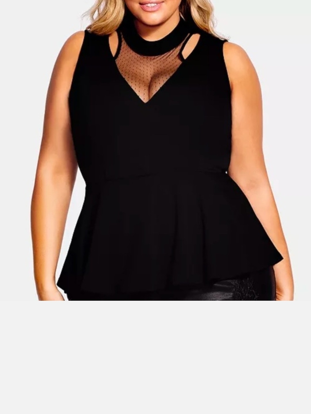 City Chic Black Sleeveless Peplum Top with Mesh V-Neckline